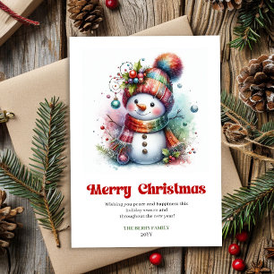 Tarjeta Festiva Alegre muñeco de nieve de dibujos animados acuarel