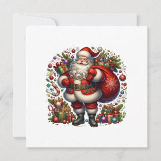 Tarjeta Festiva Alegre Papá Noel rodeado de regalos