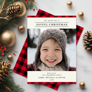 Tarjeta Festiva Alegre Red Plaid Merry Christmas Family Picture