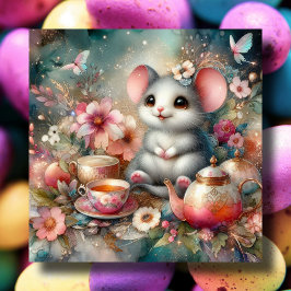 Tarjeta Festiva Alegre Watercolor Mouse Floral Easter Tea Fiesta
