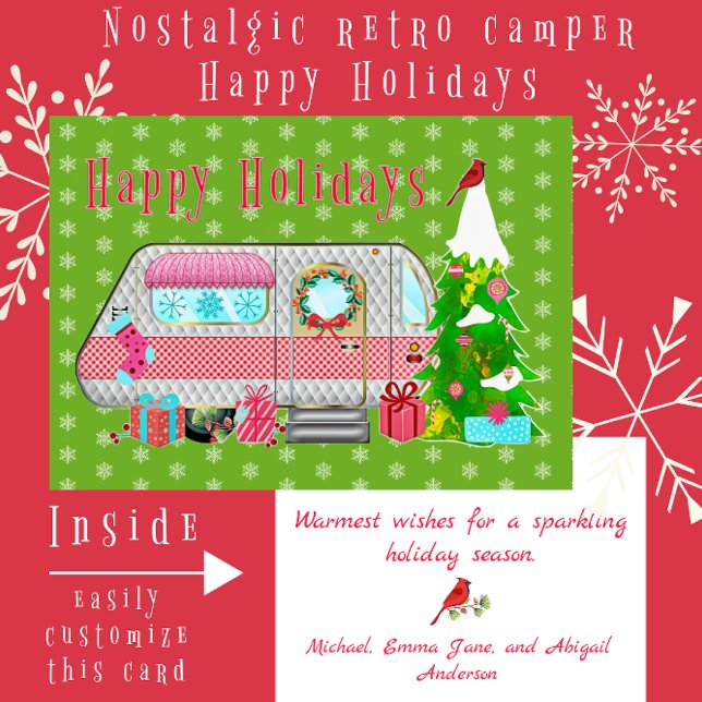 Tarjeta Festiva Alegre y brillante campanario con nieve (Nostalgic merry and bright retro camper Happy Holidays card)