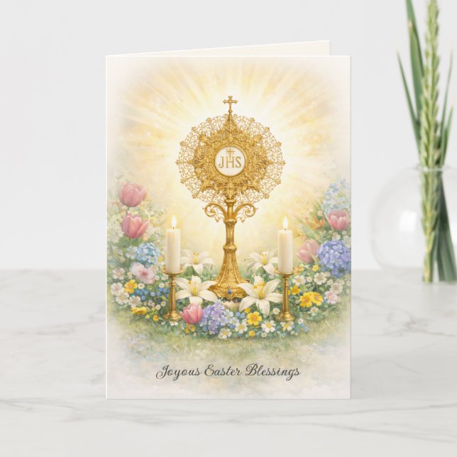 Tarjeta Festiva Alegres Bendiciones Eucarísticas de Pascua (Anverso)