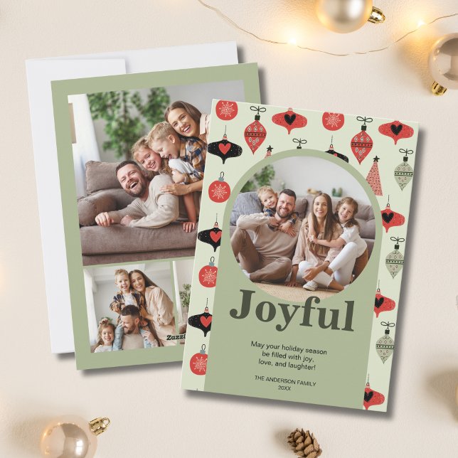 Tarjeta Festiva Alegres Navidades 4 Arco Verde Collage de fotos Fa (Joyful Christmas 4 Family Photo Collage Green Arch Holiday Card)