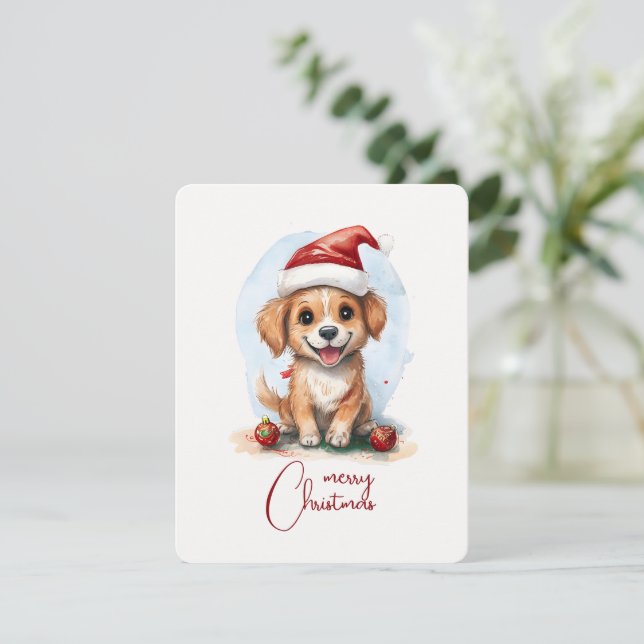 Tarjeta Festiva Alegres Navidades perro con Sombrero y Ornamento (Anverso de pie)