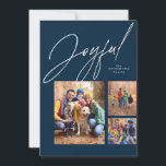 Tarjeta Festiva Alegres tres Navidades de la familia azul marino<br><div class="desc">Esta tarjeta de Navidades de la familia incluye un gran guión moderno "alegre" encima de un collage de tres fotos. La variedad de formas y tamaños son perfectos para mostrar los momentos más destacados del año o lo mejor de la sesión de fotos de la familia. El fondo azul marino...</div>