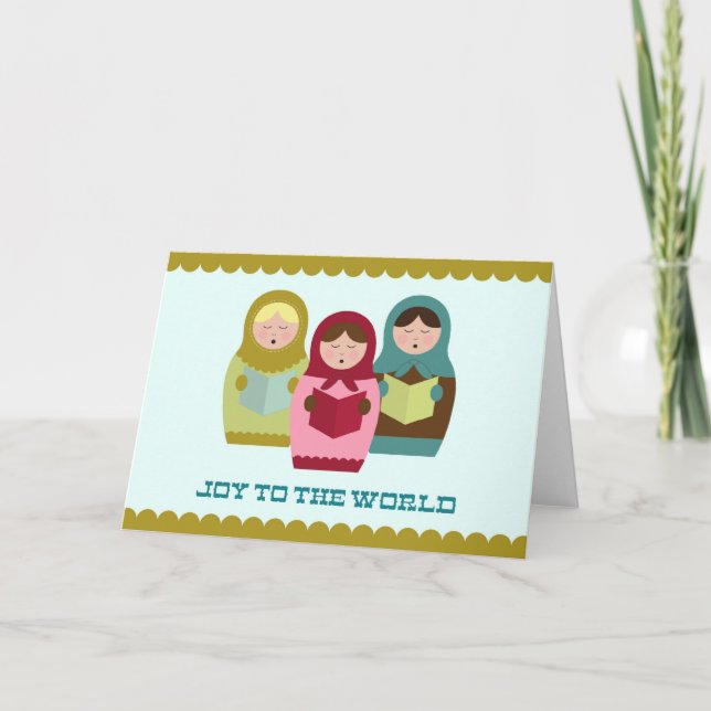 Tarjeta Festiva Alegría a los Navidades del mundo con matryoshkas (Anverso)