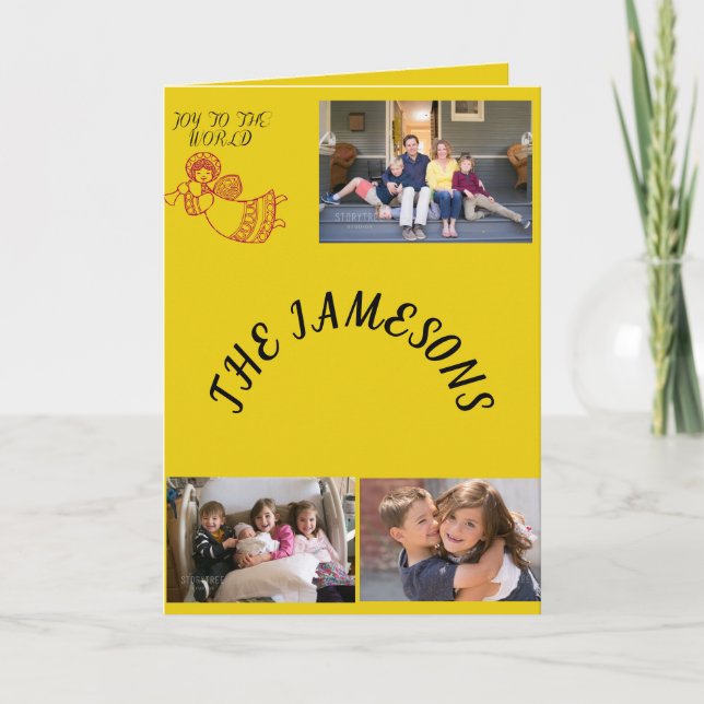 Tarjeta Festiva Alegría Al Mundo 3 Fotos Fondo Amarillo (Anverso)