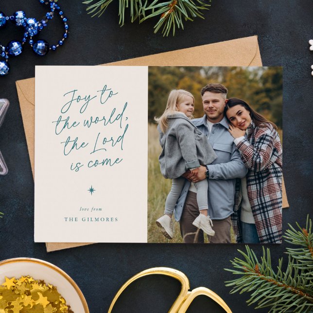 Tarjeta Festiva Alegría al mundo de la escritura a mano Navidades  (joy to the world in a handwritten script - 1-photo religious Christmas card)