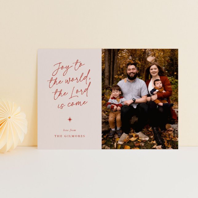 Tarjeta Festiva Alegría al mundo de la escritura a mano Navidades  (joy to the world in a handwritten script - 1-photo religious Christmas card)