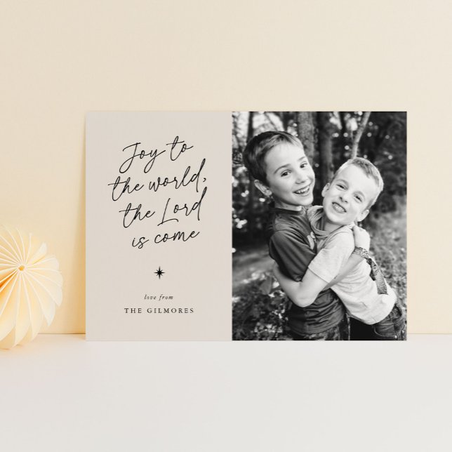 Tarjeta Festiva Alegría al mundo de la escritura a mano Navidades  (joy to the world in a handwritten script - 1-photo religious Christmas card)