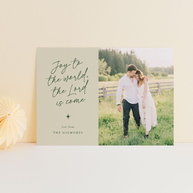Tarjeta Festiva Alegría al mundo de la escritura a mano Navidades  (joy to the world in a handwritten script - 1-photo religious Christmas card)