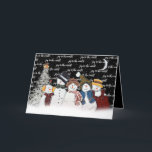 Tarjeta Festiva Alegría Al Mundo De Los Hombres De Nieve En Los Co<br><div class="desc">Hombres de nieve adorables con copos de nieve con el texto "alegría para el mundo" sobre negro con copos de nieve,  luna creciente y un pino blanco. Se puede cambiar el color de fondo. Se puede cambiar el texto.</div>