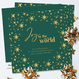 Tarjeta Festiva Alegría al mundo Elegantes estrellas verdes y dora