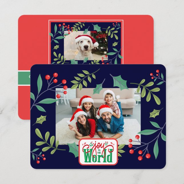 Tarjeta Festiva Alegría al Mundo Holly Berry (agrega tus fotos) (Anverso / Reverso)