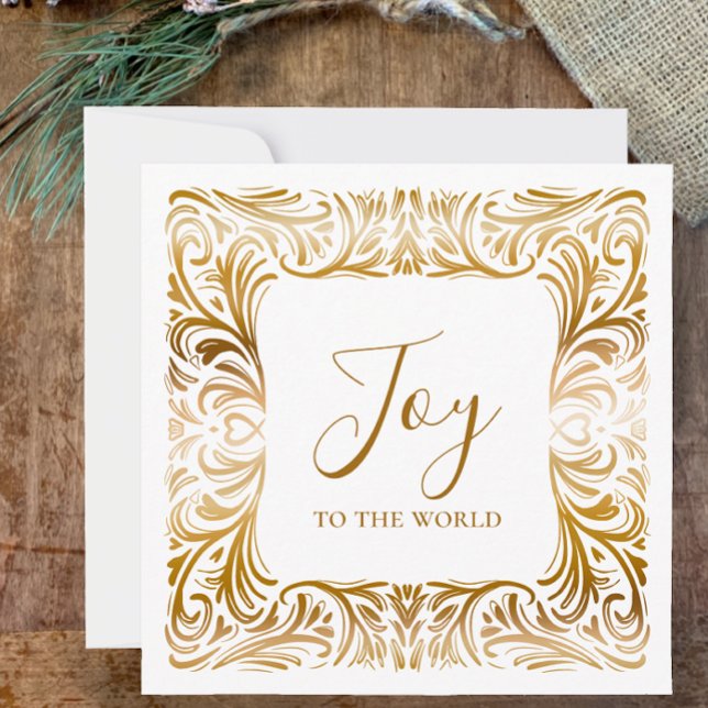 Tarjeta Festiva Alegría al Personalizado mundial Navidades de oro  (Joy to the world, golden elegant original art Christmas card.  Customize text and add family name.)