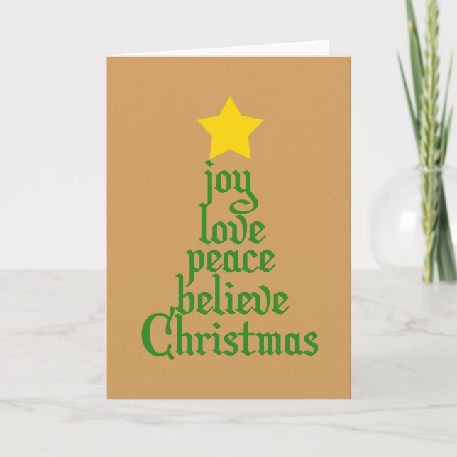Tarjeta Festiva Alegría, amor, paz, creencia, Navidades (Anverso)