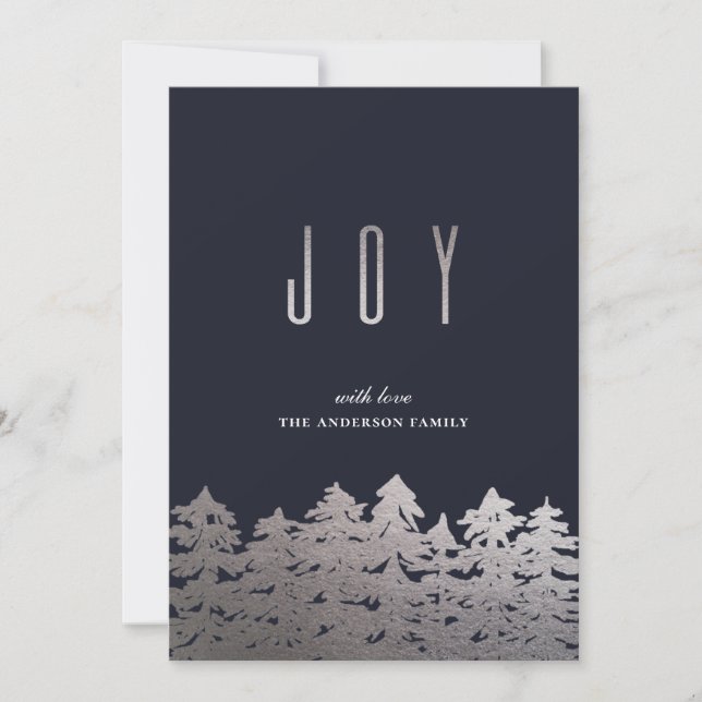 Tarjeta Festiva Alegría. Árbol de Navidad. Pinos plateados. Modern (Anverso)