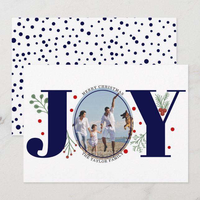 Tarjeta Festiva Alegría azul marina con Navidades de bayas foto (Anverso / Reverso)