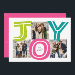 Tarjeta Festiva Alegría colorida y audaz tres Navidades de fotos<br><div class="desc">Difunde alegría esta temporada de fiestas con una atrevida tarjeta de vacaciones de tres fotos. Este diseño festivo presenta la palabra JOY en letras brillantes grandes diseminadas alrededor de un collage de tres fotos cuadradas. La parte trasera de la tarjeta es rosa a juego con las agujas y también tiene...</div>