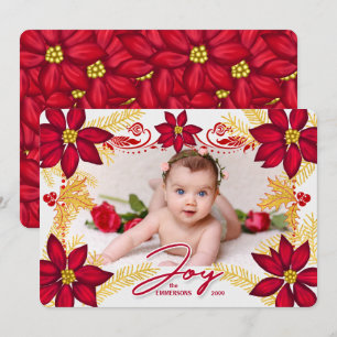 Tarjeta Festiva Alegría de la Poinsettia Roja y dorada con foto