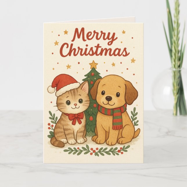 Tarjeta Festiva Alegría de los Navidades de Cachorros y Gatitos (Anverso)