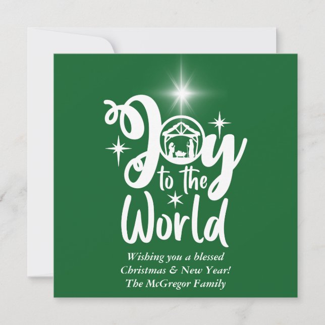 Tarjeta Festiva Alegría de los navidades por el mundo verde y blan (Anverso)