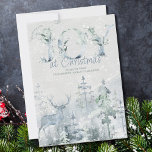 Tarjeta Festiva Alegría de los Navidades Snowy Winter Forest y Sta<br><div class="desc">Alegría por los Navidades,  carta de vacaciones de acuarela personalizada con bosque de invierno nevado y puesta en tonos suaves de azul y verde. La redacción dice "te deseo alegría a los Navidades" y puedes personalizar el texto restante. Diseño sutil y elegante de acuarela con tipografía decorativa.</div>