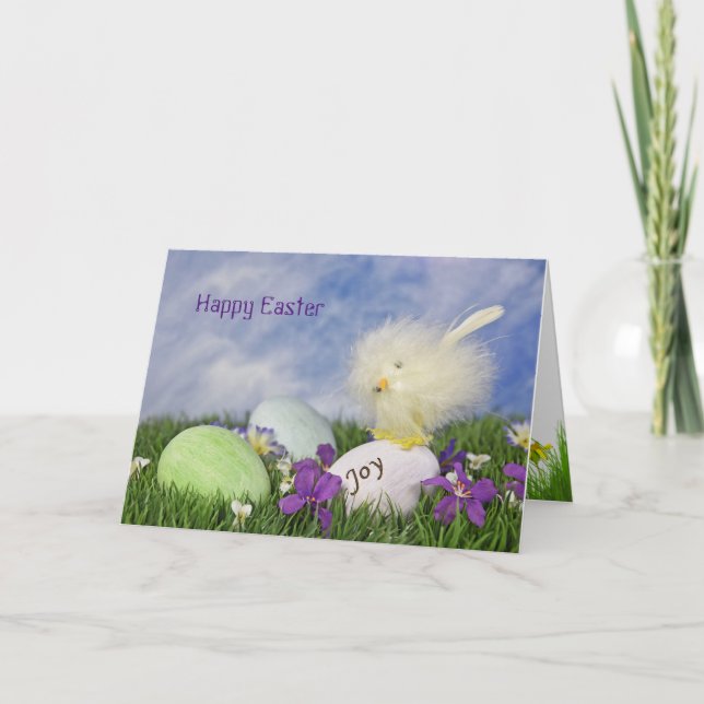 Tarjeta Festiva Alegría de Pascua con huevos y polluelo (Anverso)