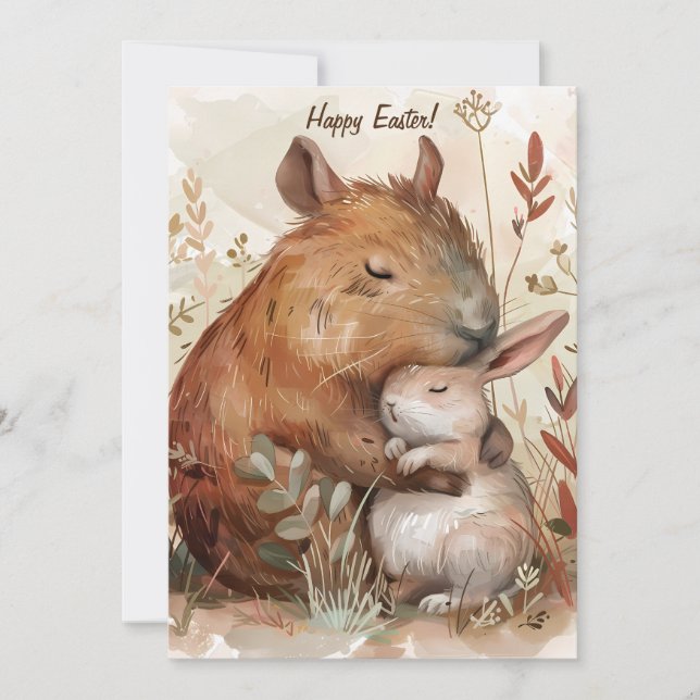 Tarjeta Festiva Alegría de Pascua: Edición Capybara y Conejito (Anverso)