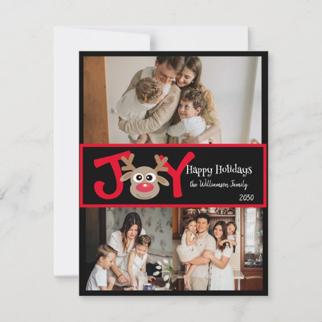 Tarjeta Festiva Alegría Divertido Lindo 3 Foto Cartoon Reno Rojo N (Anverso)