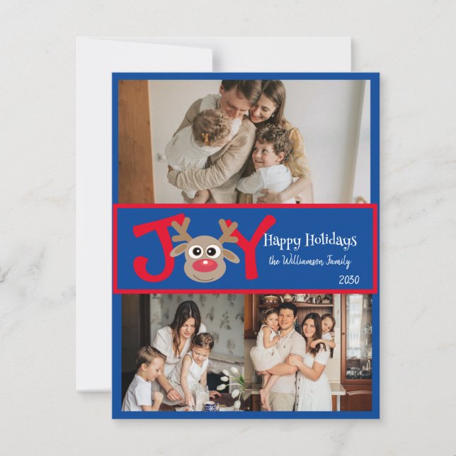 Tarjeta Festiva Alegría Divertido Lindo 3 Foto Cartoons Reno Rojo  (Anverso)