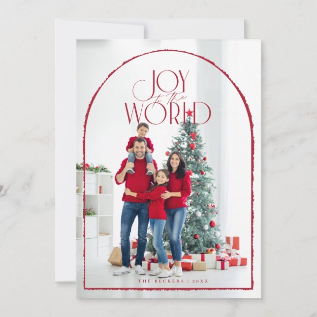 Tarjeta Festiva Alegría para el Mundo marco de foto de arco rojo (Anverso)