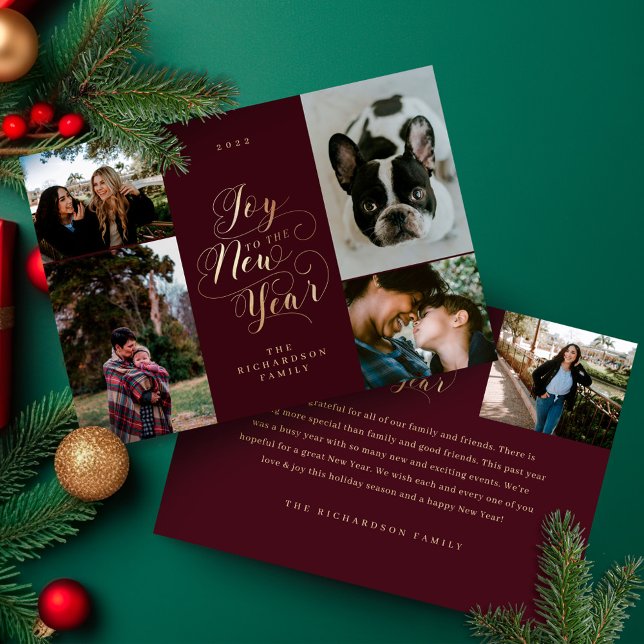 Tarjeta Festiva Alegría por el Año Nuevo | Secuencia de comandos d (Joy to the New Year | Six Photo Elegant Script Holiday Card)