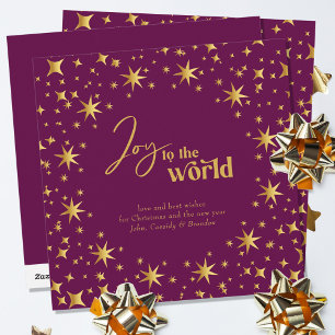 Tarjeta Festiva Alegría por el mundo elegante ciruela y estrellas 