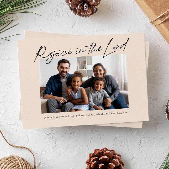 Tarjeta Festiva Alegría por los Navidades manuscritos del Señor (rejoice in the Lord religious Christmas photo card with handwritten script)