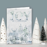 Tarjeta Festiva Alegría por los Navidades Watercolor Winter Woodla<br><div class="desc">Alegría por los Navidades,  carta de vacaciones de acuarela personalizada con bosque de invierno nevado y puesta en tonos suaves de azul y verde. La redacción dice "te deseo alegría a los Navidades" y puedes personalizar el saludo dentro. Diseño sutil y elegante de acuarela con tipografía decorativa.</div>