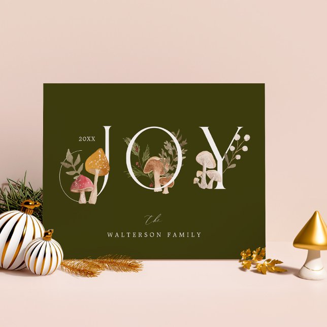 Tarjeta Festiva Alegría Rustic Woodsy Watercolor Mushroom Navidade (Joy Rustic Woodsy Watercolor Mushroom Christmas Holiday Card)
