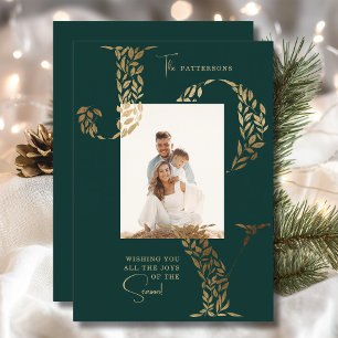 Tarjeta Festiva Alegría Verde Floral Dorada Foto de Familia Navida