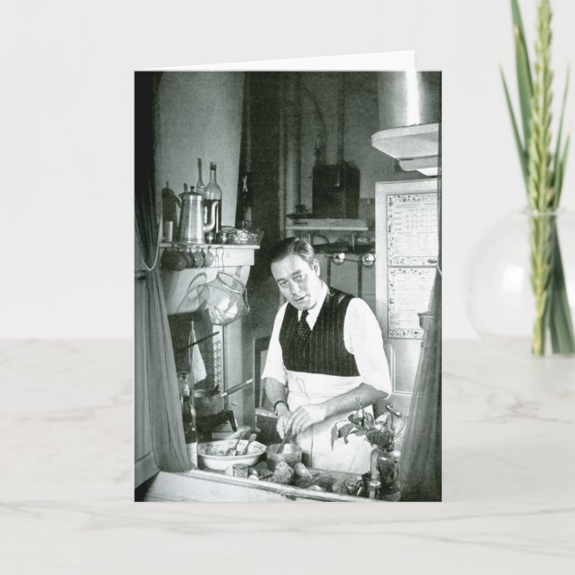 Tarjeta Festiva Alexander Watt en una cocina, años 50 (Anverso)