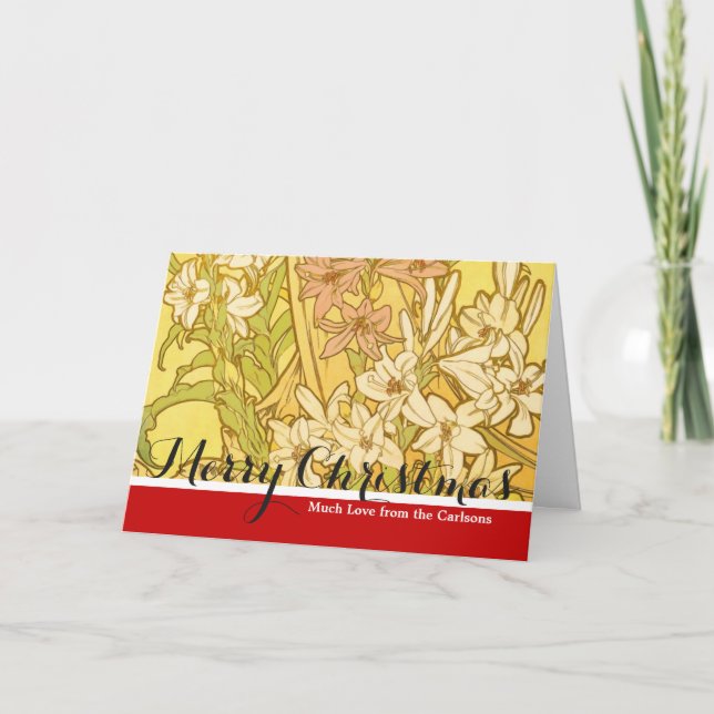 Tarjeta Festiva Alfonse Mucha Flores de lirio Art Nouveau (Anverso)