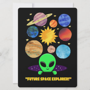 TARJETA FESTIVA ALIEN, UNIVERSO, ROCKETSHIP, PLANETA Y ASTRONAUTAS