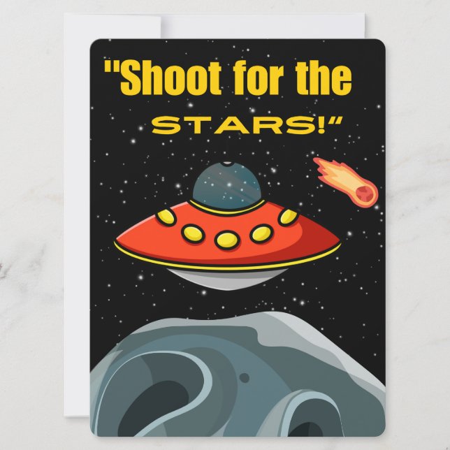 TARJETA FESTIVA ALIEN, UNIVERSO, ROCKETSHIP, PLANETA Y ASTRONAUTAS (Anverso)