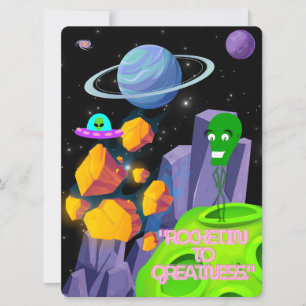 TARJETA FESTIVA ALIEN, UNIVERSO, ROCKETSHIP, PLANETA Y ASTRONAUTAS
