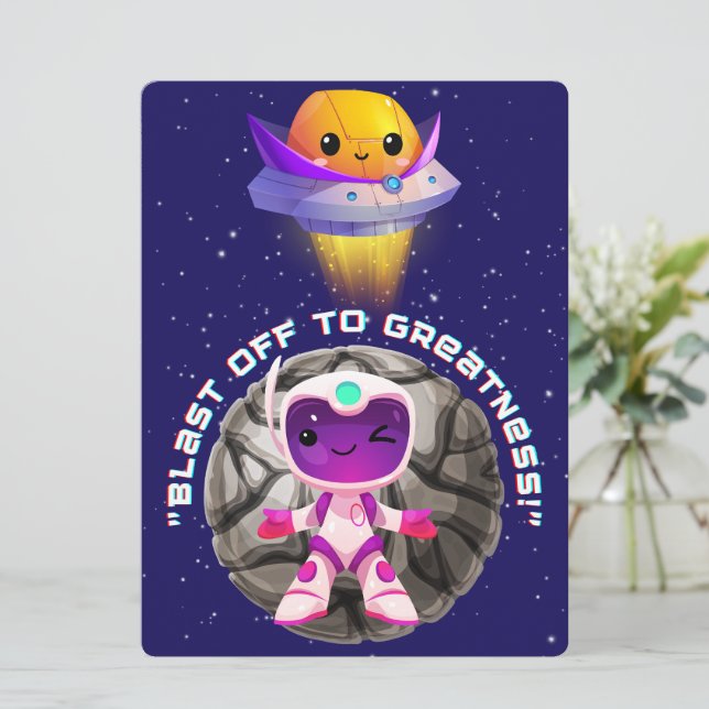 TARJETA FESTIVA ALIEN, UNIVERSO, ROCKETSHIP, PLANETA Y ASTRONAUTAS (Anverso de pie)