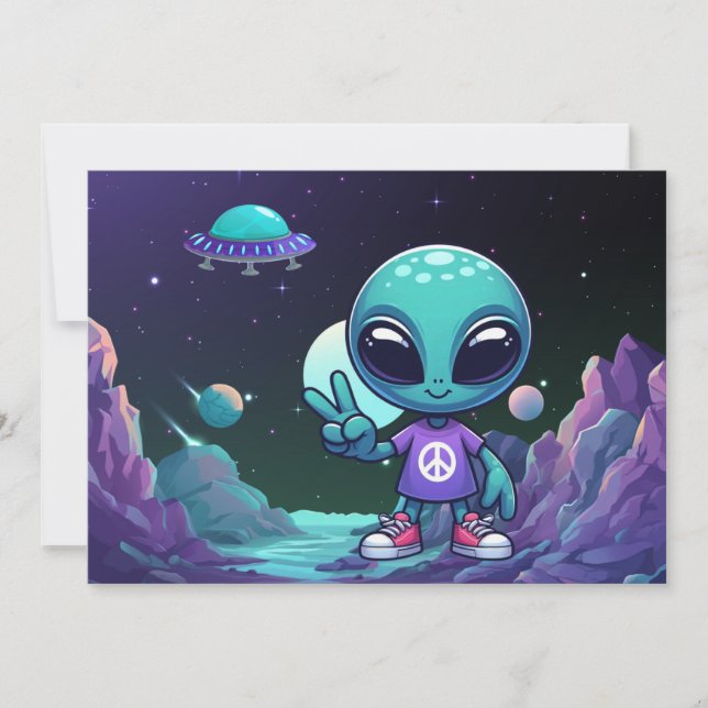 Tarjeta Festiva Alien y barco espacial por la paz (Anverso)