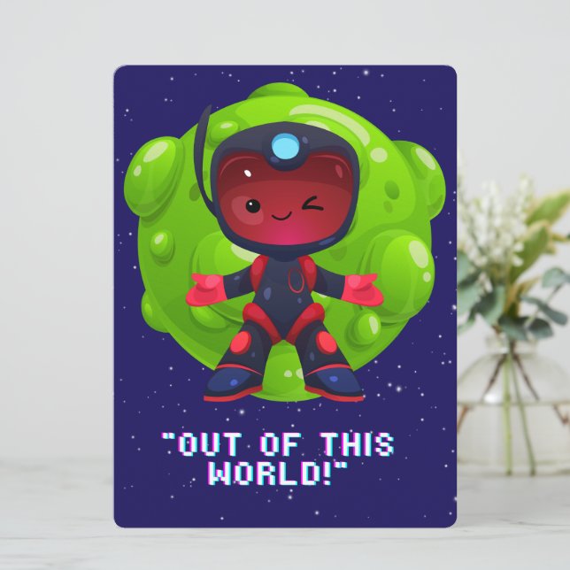 TARJETA FESTIVA ALIENÍGENA, UNIVERSO, COHETE ESPACIAL, PLANETA Y A (Anverso de pie)