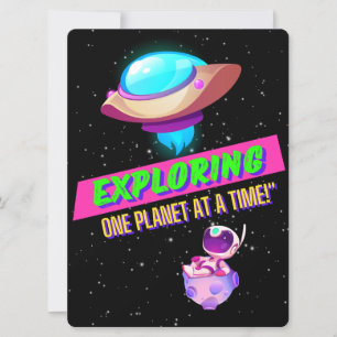 TARJETA FESTIVA ALIENÍGENA, UNIVERSO, COHETE ESPACIAL, PLANETA Y A