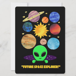 TARJETA FESTIVA ALIENÍGENA, UNIVERSO, COHETE ESPACIAL, PLANETA Y A