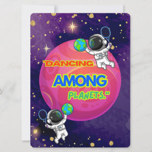 TARJETA FESTIVA ALIENÍGENA, UNIVERSO, COHETE ESPACIAL, PLANETA Y A