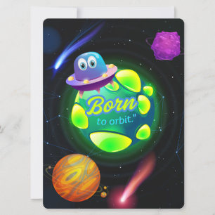 TARJETA FESTIVA ALIENÍGENA, UNIVERSO, COHETE ESPACIAL, PLANETA Y A